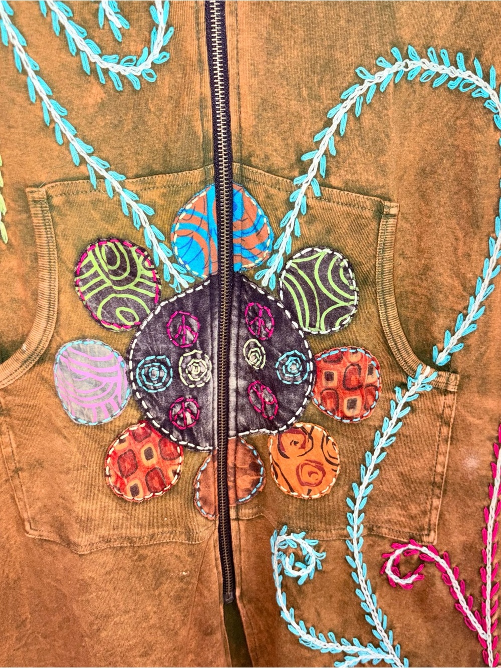 Rising International Women’s L Brown Mineral Wash Embroidered Boho Hooded Jacket - Picture 8 of 10